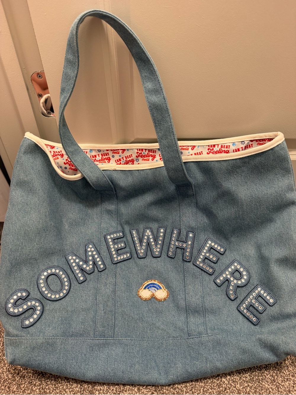 Stoney Clover Lane x Coca Cola Light Blue Denim "SOMEWHERE" Embellished Tote
